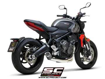 Triumph TRIDENT 660 - 2021 - 2024 – SC-Project 3-1 Stainless steel full exhaust system, with CR-T carbon fibre exhaust with stoneguard grid