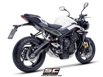 Triumph STREET TRIPLE 765 R - RS - 2023 - 2024 – SC-Project 3-1 Stainless steel full exhaust system, with CR-T titanium exhaust with stoneguard grid
