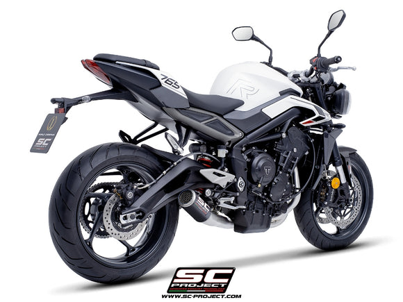Triumph STREET TRIPLE 765 R - RS - 2023 - 2024 – SC-Project 3-1 Stainless steel full exhaust system, with CR-T carbon fibre exhaust with stoneguard grid