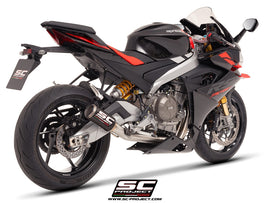 aprilia motorcycles sc project RS 660 - 2025 – SC-Project 2-1 Stainless steel full exhaust system, with CR-T carbon fibre exhaust with stoneguard grid