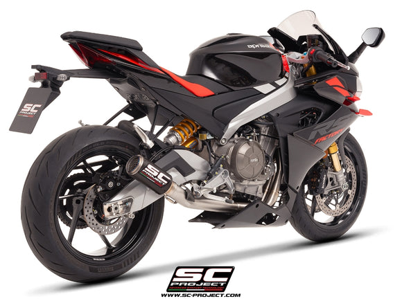 aprilia motorcycles sc project RS 660 - 2025 – SC-Project 2-1 Stainless steel full exhaust system, with CR-T carbon fibre exhaust with stoneguard grid