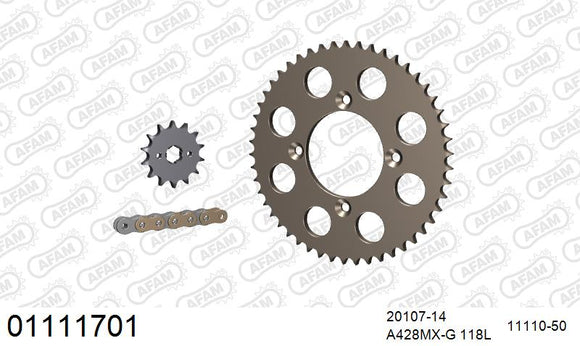 Honda CRF 100 F 4,5,6,7,8,9,A,B,C,D 2004-2013 - AFAM MX Racing Chain & Alu Sprocket Kit, 428 (OE Pitch) - 01111701 - P3 Tuning