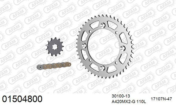 Kawasaki KX65 / 85 2002-2026 - AFAM MX Racing Chain & Alu Sprocket Kit, 420 (OE Pitch) - 01504800 - P3 Tuning
