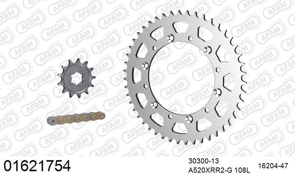 Kawasaki KDX 220 R A4,A5,A6,A7,A8,A9,A10,A11,A12,A6F 1997-2006 - AFAM Xs-Ring Reinforced Plus Chain & Steel Sprocket Kit, 520 (OE Pitch) - 01621754 - P3 Tuning