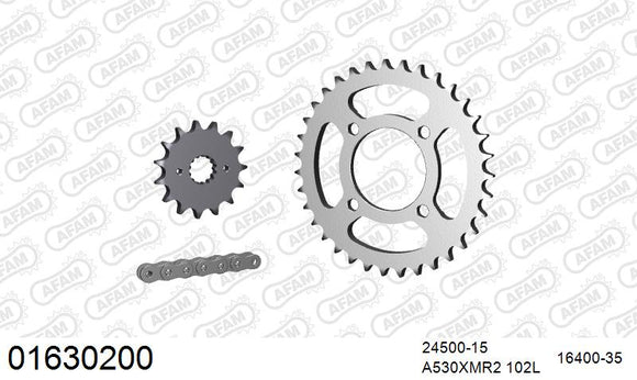 Kawasaki GPZ 305 A1,B2,B3,B4,B5,B6,B7,B7,B8,B8,B9,B10,B10,B10 1983-1996 - AFAM XS-ring Extra Reinforced Chain & Steel Sprocket Kit, 530 (OE Pitch) - 01630200 - P3 Tuning