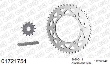 Kawasaki KDX 220 R A4,A5,A6,A7,A8,A9,A10,A11,A12,A6F 1997-2006 - AFAM Xs-Ring Reinforced Plus Chain & Alu Sprocket Kit, 520 (OE Pitch) - 01721754 - P3 Tuning