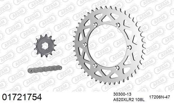 Kawasaki KDX 220 R A4,A5,A6,A7,A8,A9,A10,A11,A12,A6F 1997-2006 - AFAM Xs-Ring Reinforced Plus Chain & Alu Sprocket Kit, 520 (OE Pitch) - 01721754 - P3 Tuning