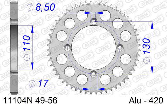 Honda CR 85 RB 5,6,7 2005-2007 - AFAM Rear Sprocket, 420 (OE Pitch), Alu - 50T, 122 links reqd - 11104N-50 - P3 Tuning