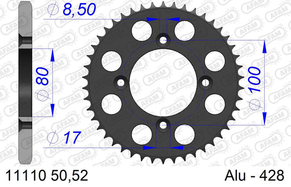 Honda CRF 100 F 4,5,6,7,8,9,A,B,C,D 2004-2013 - AFAM Rear Sprocket, 428 (OE Pitch), Alu - 50T (orig size) - 11110-50 - P3 Tuning
