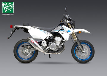 SUZUKI DRZ400 SM - (2005-2009) Yoshimura Stainless RS-4 Twin Silencer System - Stainless Header Aluminium Silencer-Carbon Cone - Race Series - Removable Baffle