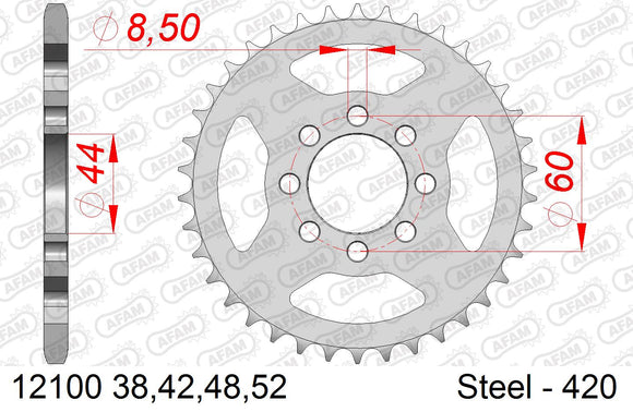 Yamaha YSR 50 T 1987-1987 - AFAM Rear Sprocket, 420 (OE Pitch), Steel - 42T, 102 links reqd - 12100-42 - P3 Tuning