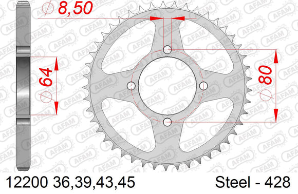 Yamaha RS 125 1975-1975 - AFAM Rear Sprocket, 428 (OE Pitch), Steel - 39T, 114 links reqd - 12200-39 - P3 Tuning