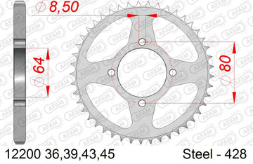 Yamaha Z 125 2000-2000 - AFAM Rear Sprocket, 428 (OE Pitch), Steel - 39T, 118 links reqd - 12200-39 - P3 Tuning