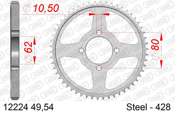 Yamaha TT-R125 L 2008-2017 - AFAM Rear Sprocket, 428 (OE Pitch), Steel - 49T, 120 links reqd, fits LWE - 12224-49 - P3 Tuning