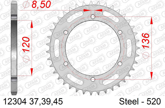 Yamaha RZ 350 1984-1985 - AFAM Rear Sprocket, 520 (OE Pitch), Steel - 37T, 106 links reqd - 12304-37 - P3 Tuning