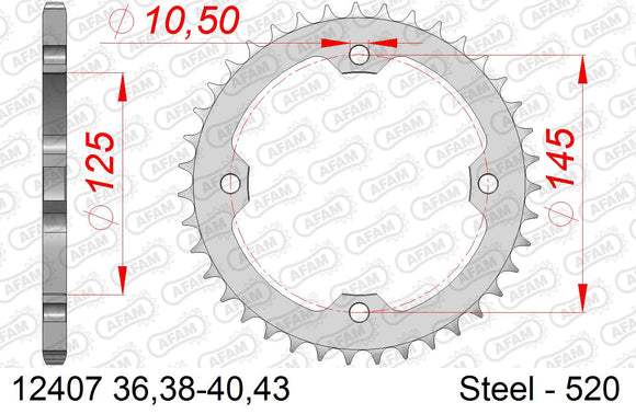 Yamaha YFZ450 ATV 2003-2026 - AFAM Rear Sprocket, 520 (OE Pitch), Steel - 38T (orig size) - 12407-38 - P3 Tuning