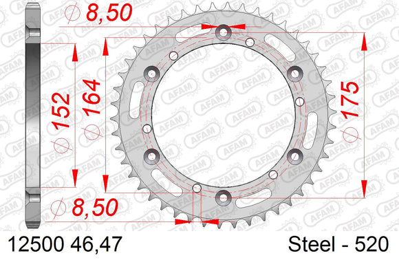 Yamaha YTZ 250 Tri Moto N,S 1985-1986 - AFAM Rear Sprocket, 520 (OE Pitch), Steel - 44T (orig size) - 12500-44 - P3 Tuning