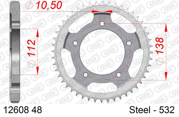 Yamaha YZF-R6 1999-2002 - AFAM Rear Sprocket, 532 conversion, Steel - 48T (orig size) - 12608-48 - P3 Tuning