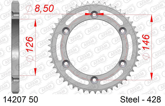 Suzuki TS 125 R 1990-1996 - AFAM Rear Sprocket, 428 (OE Pitch), Steel - 50T (orig size) - 14207-50 - P3 Tuning