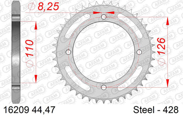 Kawasaki KLX125 2010-2011 - AFAM Rear Sprocket, 428 (OE Pitch), Steel - 47T, 124 links reqd, fits D-Tracker - 16209-47 - P3 Tuning