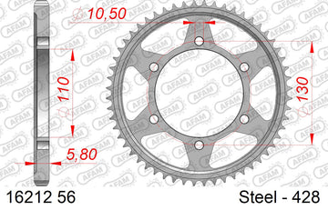 Kawasaki Ninja 125 2019-2026 - AFAM Rear Sprocket, 428 (OE Pitch), Steel - 56T (orig size) - 16212-56 - P3 Tuning