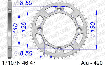 Suzuki RM 65 K3,K4,K5 2003-2005 - AFAM Rear Sprocket, 420 (OE Pitch), Alu - 46T, 110 links reqd - 17107N-46 - P3 Tuning