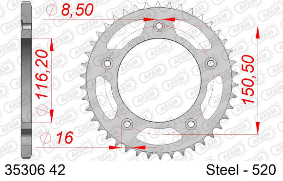 Aprilia RS250 1996-2003 - AFAM Rear Sprocket, 520 (OE Pitch), Steel - 42T (orig size) - 35306-42 - P3 Tuning