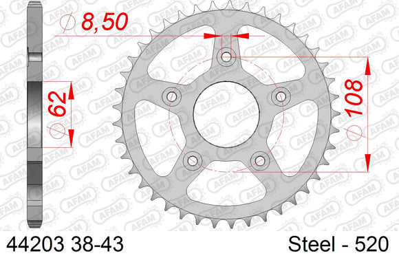 Aprilia RS125 1999-2005 - AFAM Rear Sprocket, 520 (OE Pitch), Steel - 39T, 106 links reqd - 44203-39 - P3 Tuning