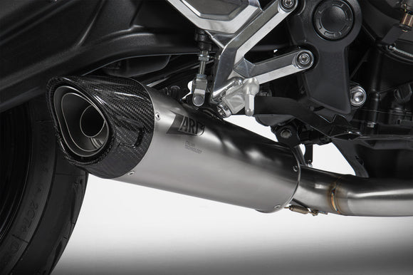 CLEARANCE - TRIUMPH TRIDENT 660 (21-23) ZARD STAINLESS STEEL FULL EXHAUST SYSTEM (REMOVABLE BAFFLE) CARBON END CAP