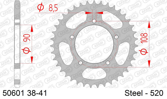 Ducati 906 Paso 1990-1991 - AFAM Rear Sprocket, 520 (OE Pitch), Steel - 38T (orig size) - 50601-38 - P3 Tuning
