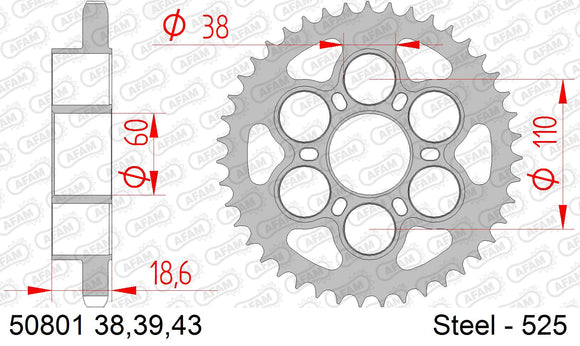 Ducati 1198 / S 2009-2011 - AFAM Rear Sprocket, 525 (OE Pitch), Steel - 38T (orig size) - 50801-38 - P3 Tuning