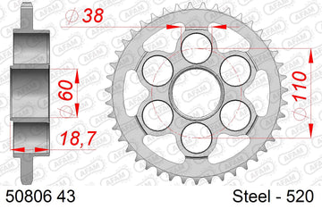 Ducati Hypermotard 939 2017-2018 - AFAM Rear Sprocket, 520 (OE Pitch), Steel - 43T (orig size) - 50806-43 - P3 Tuning