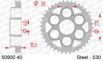 Ducati Multistrada 1200 / S 2016-2017 - AFAM Rear Sprocket, 530 (OE Pitch), Steel - 40T (orig size), fits DVT,S DVT,S Pikes Peak - 50900-40 - P3 Tuning