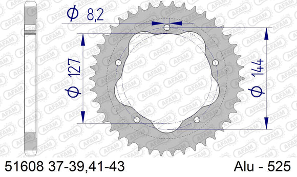 Ducati 848 Streetfighter 2012-2015 - AFAM Rear Sprocket, 525 conversion, Alu PCD2 - 43T, 106 links reqd, fits PCD2 - 51608-43 - P3 Tuning