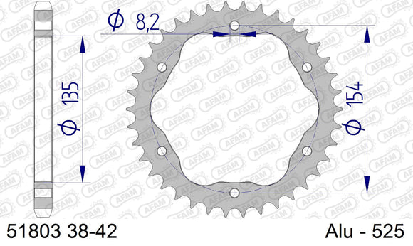 Ducati 1098 R 2008-2009 - AFAM Rear Sprocket, 525 conversion, Alu PCD3 - 38T (orig size), fits PCD3 - 51803-38 - P3 Tuning