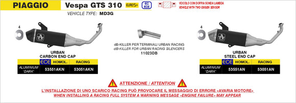 Piaggio VESPA GTS 310 all version Racing full system with Urban aluminium "Dark" silencer with carbon end cap
