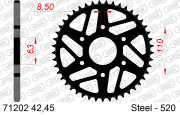 KTM 390 Duke 2017-2021 - AFAM Rear Sprocket, 520 (OE Pitch), Steel - 45T (orig size) - 71202-45 - P3 Tuning