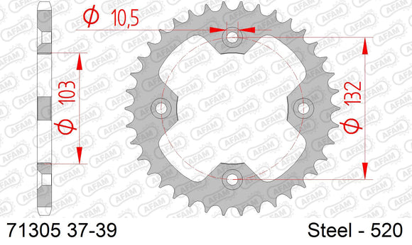KTM 450 XCATV 2008-2010 - AFAM Rear Sprocket, 520 (OE Pitch), Steel - 38T (orig size) - 71305-38 - P3 Tuning