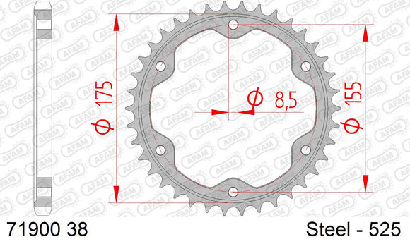 KTM 1290 Super Duke / R 2017-2019 - AFAM Rear Sprocket, 525 (OE Pitch), Steel - 38T (orig size) - 71900-38 - P3 Tuning