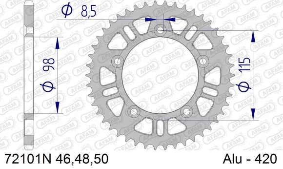 KTM 65 SX 2011-2026 - AFAM Rear Sprocket, 420 (OE Pitch), Alu - 50T, 114 links reqd - 72101N-50 - P3 Tuning