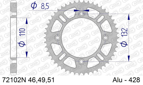 KTM 85 SX 2004-2022 - AFAM Rear Sprocket, 428 (OE Pitch), Alu - 49T, 124 links reqd, fits Small Wheels - 72102N-49 - P3 Tuning