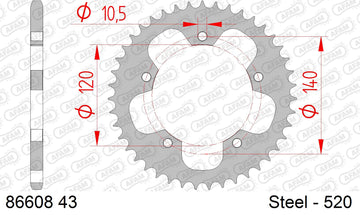Triumph Thruxton 900 2015-2015 - AFAM Rear Sprocket, 520 (OE Pitch), Steel - 43T (orig size) - 86608-43 - P3 Tuning