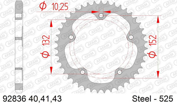 MV Agusta 1078 RR Brutale 2008-2009 - AFAM Rear Sprocket, 525 (OE Pitch), Steel - 43T, 112 links reqd, fits RR - 92836-43 - P3 Tuning