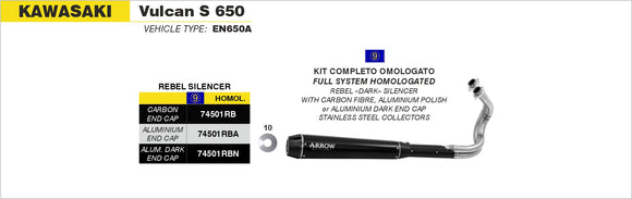 Kawasaki Vulcan S 650 Full system Rebel with aluminium polish rear end cap