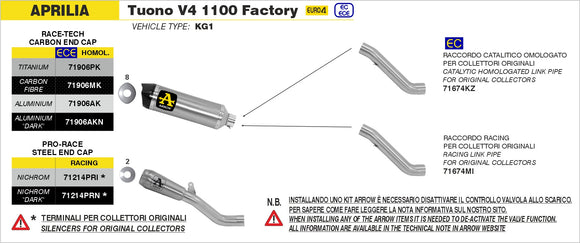 Aprilia TUONO V4 1100 Racing titanium link-pipe for original collectors