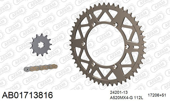 Kawasaki KX100 / 125 2003 - AFAM MX reinforced Chain & Self CleaningAlu Sprocket Kit, 520 (OE Pitch) - AB01713816 - P3 Tuning