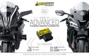 Kawasaki steering damper eliminator module image featuring H2 and ZX-10R models with technical specifications.