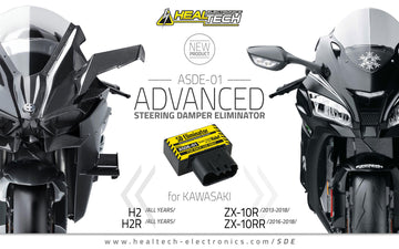 Kawasaki steering damper eliminator module image featuring H2 and ZX-10R models with technical specifications.