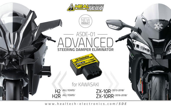 Kawasaki steering damper eliminator module image featuring H2 and ZX-10R models with technical specifications.